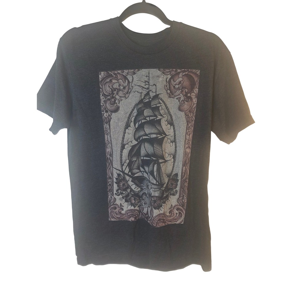 Curbside Clothing Nautical Tall Ship Graphic Tee Charcoal Gray Medium Womens
